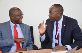 Minister Konneh holding discussion with one of Liberias development partners at the 2016 Spring MeetingMeeting 2016